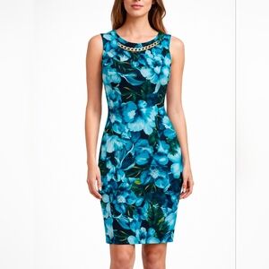 Enfocus Studio Blue Tropical Floral Sheath Dress w/ Chain Neckline Cap Sleeve